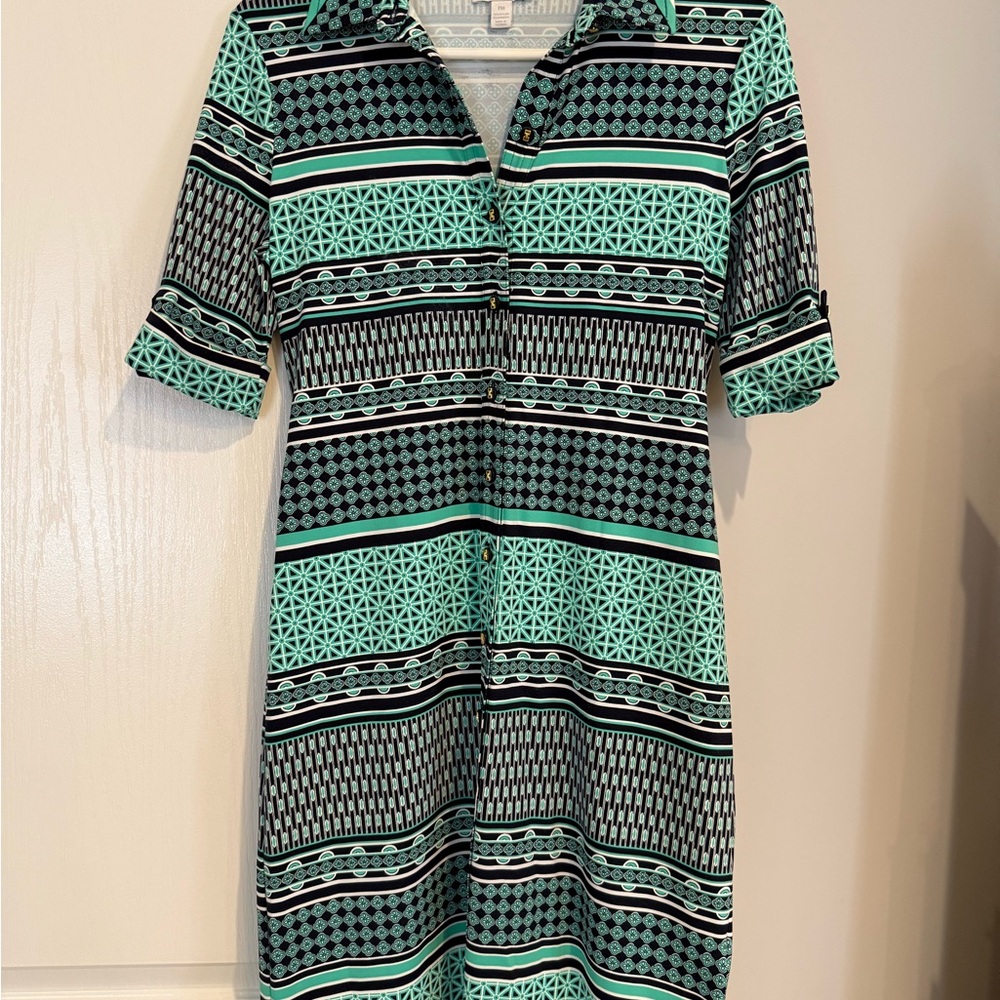 Charter Club Navy Blue and Green Patterned Dress